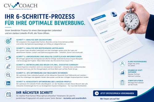 Bewerbungsunterlagen optimieren lassen: Der CV COACH 6-Schritte-Prozess für Fach- und Führungskräfte Bewerbungsunterlagen optimieren lassen: Der CV COACH 6-Schritte-Prozess für Fach- und Führungskräfte